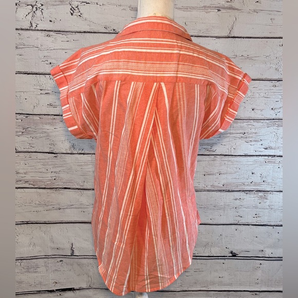HARPER HERITAGE Button Down Short Sleeve Shirt 100% Cotton Striped Coral/White-S - Picture 3 of 3